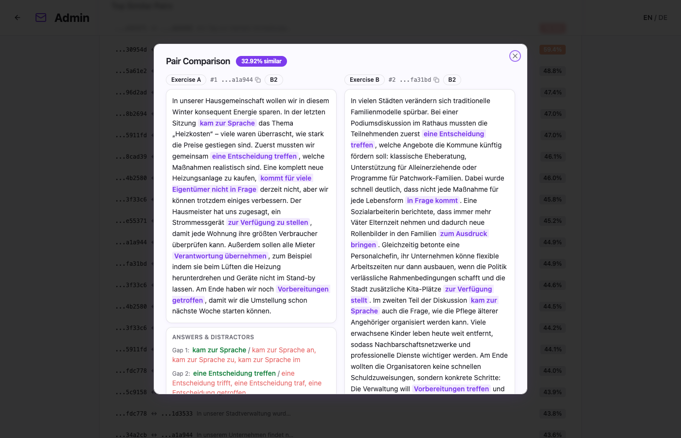 Pair comparison dialog showing two exercises side by side with highlighted gaps and answers, displaying 32.92% similarity