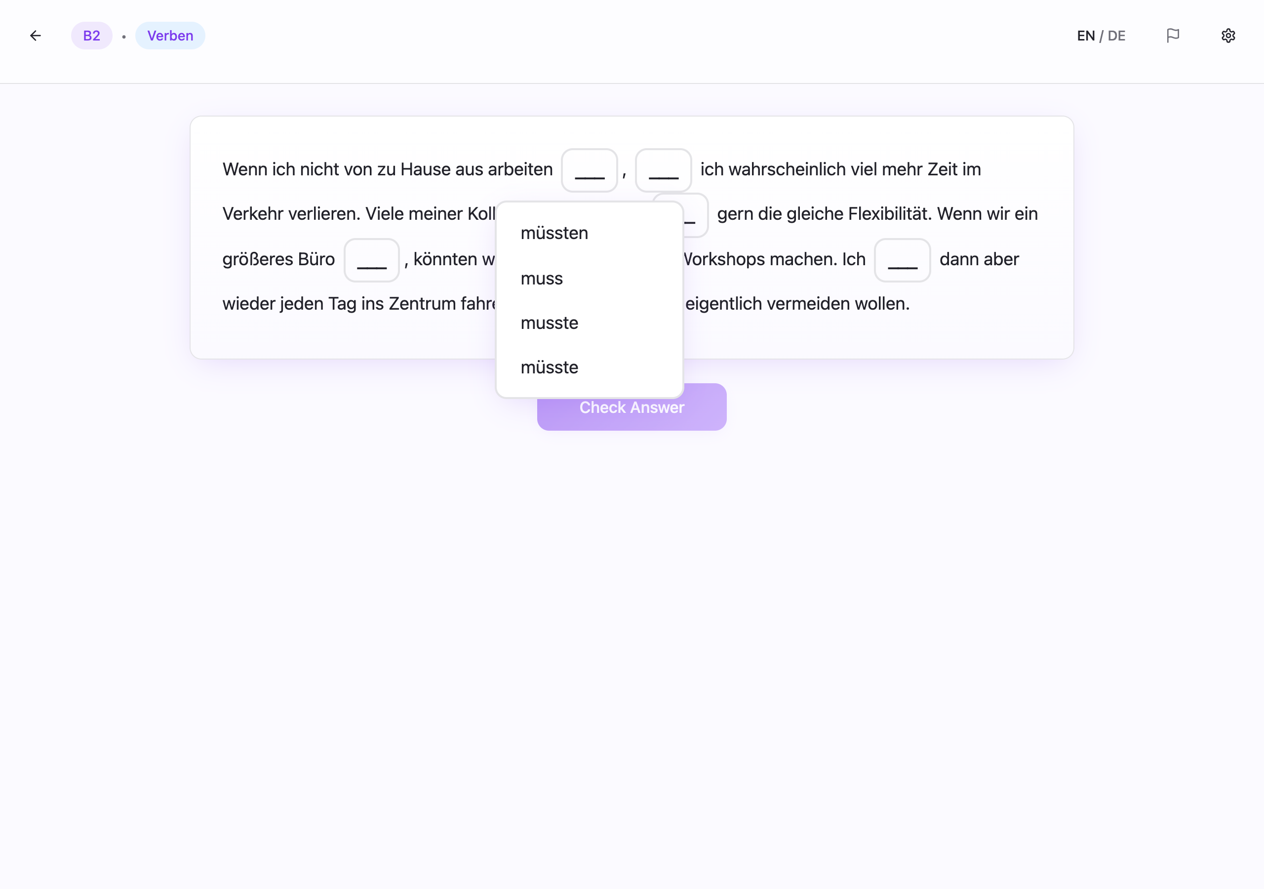 A gap-fill exercise with a dropdown showing four verb form options: müssten, muss, musste, müsste