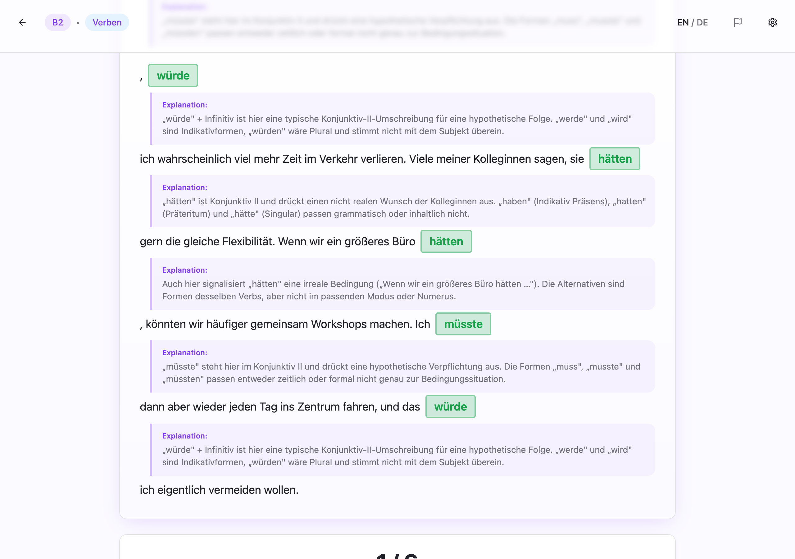 Explanations view showing each gap with its correct answer and a detailed German grammar explanation