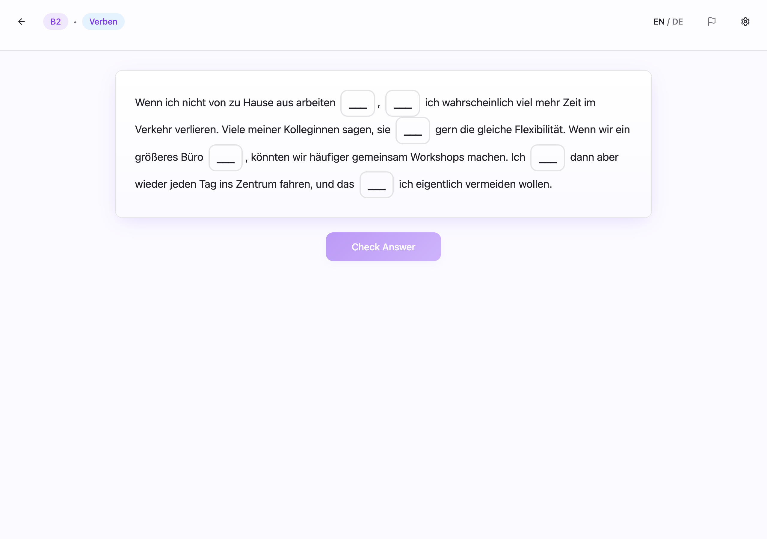 A B2 gap-fill exercise with blanks embedded in a German text about working from home
