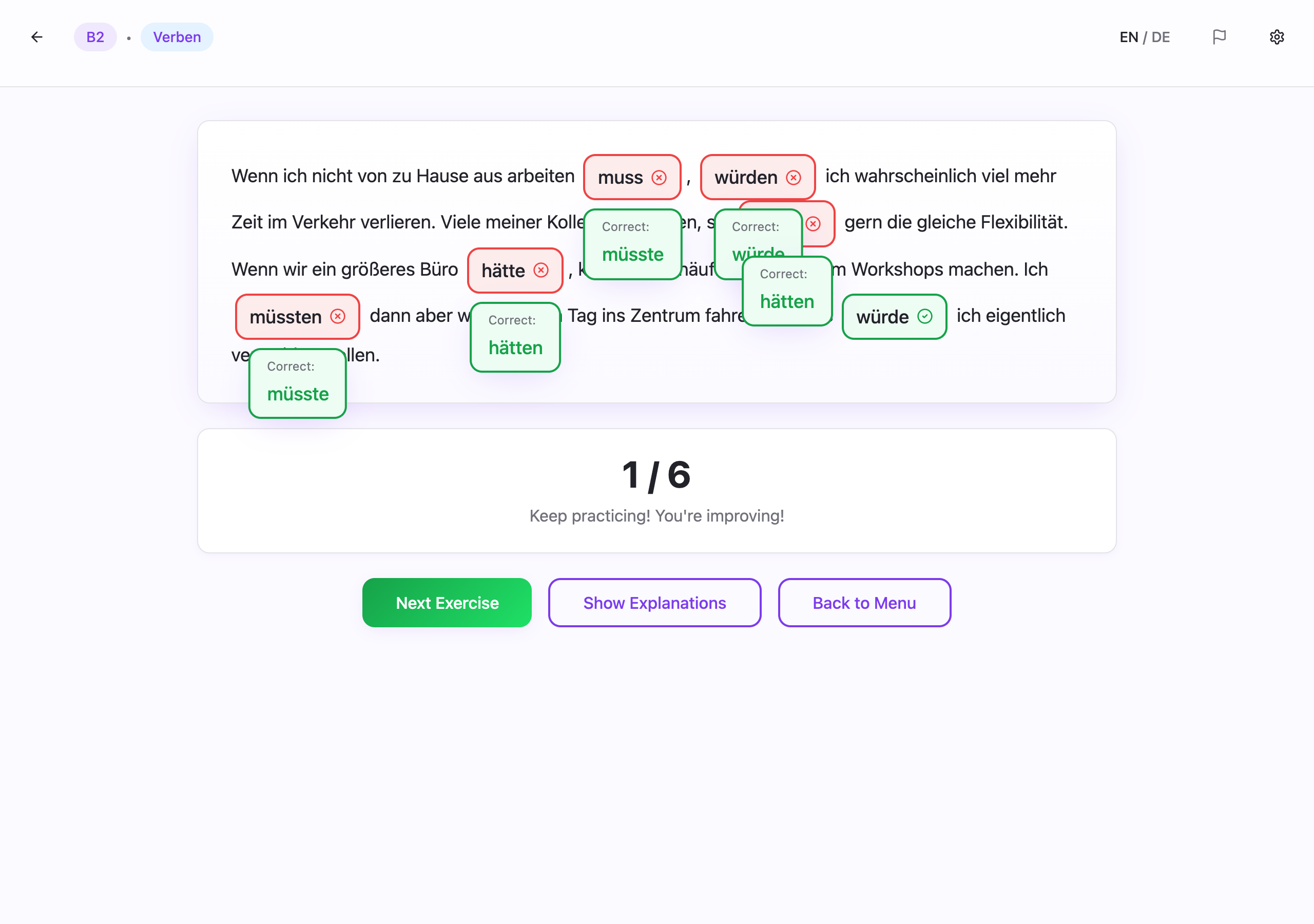 Exercise after submission showing red incorrect answers with correct answers displayed, and one green correct answer, with a score of 1/6
