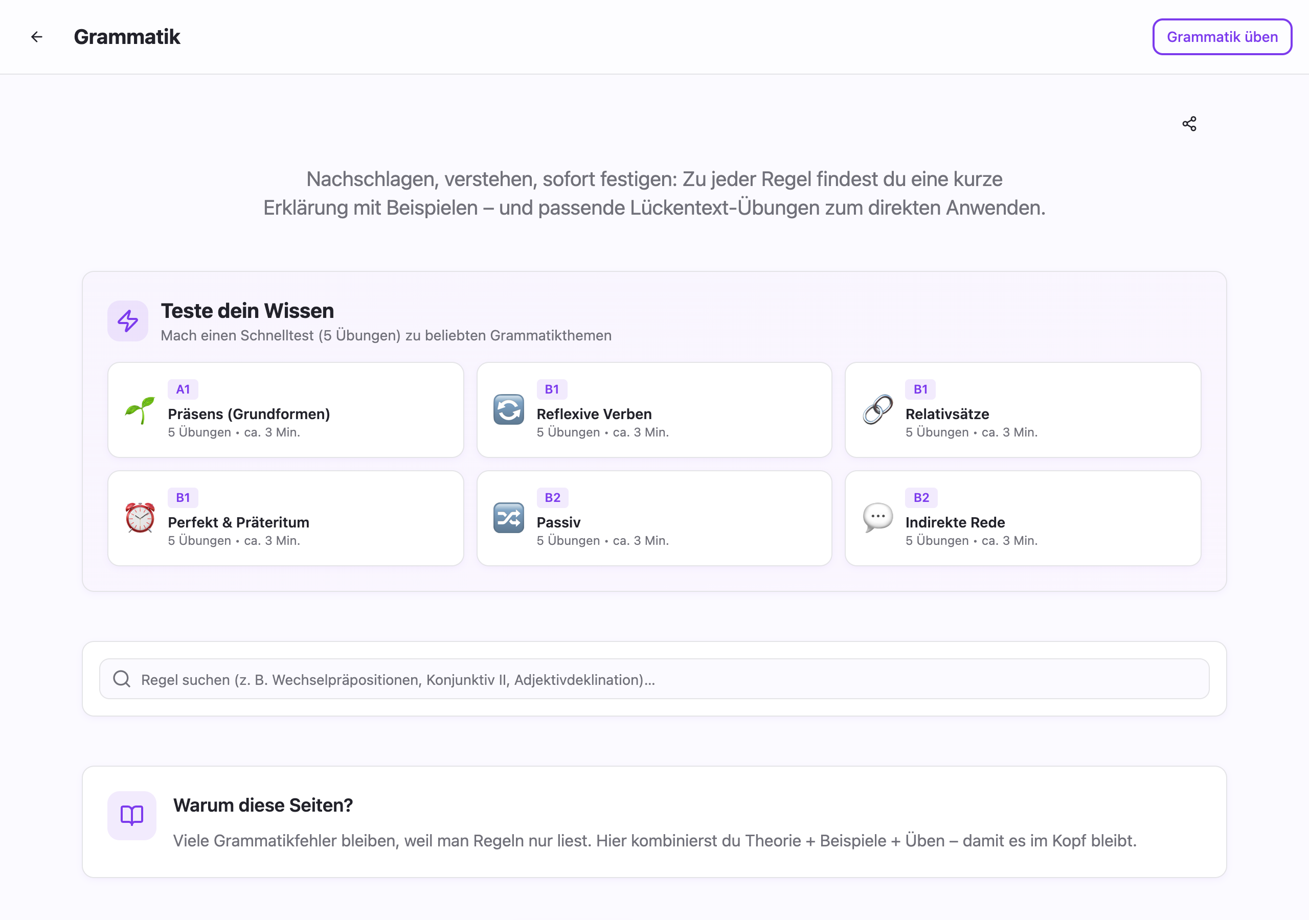 Grammar reference overview with quick quizzes across levels and topics