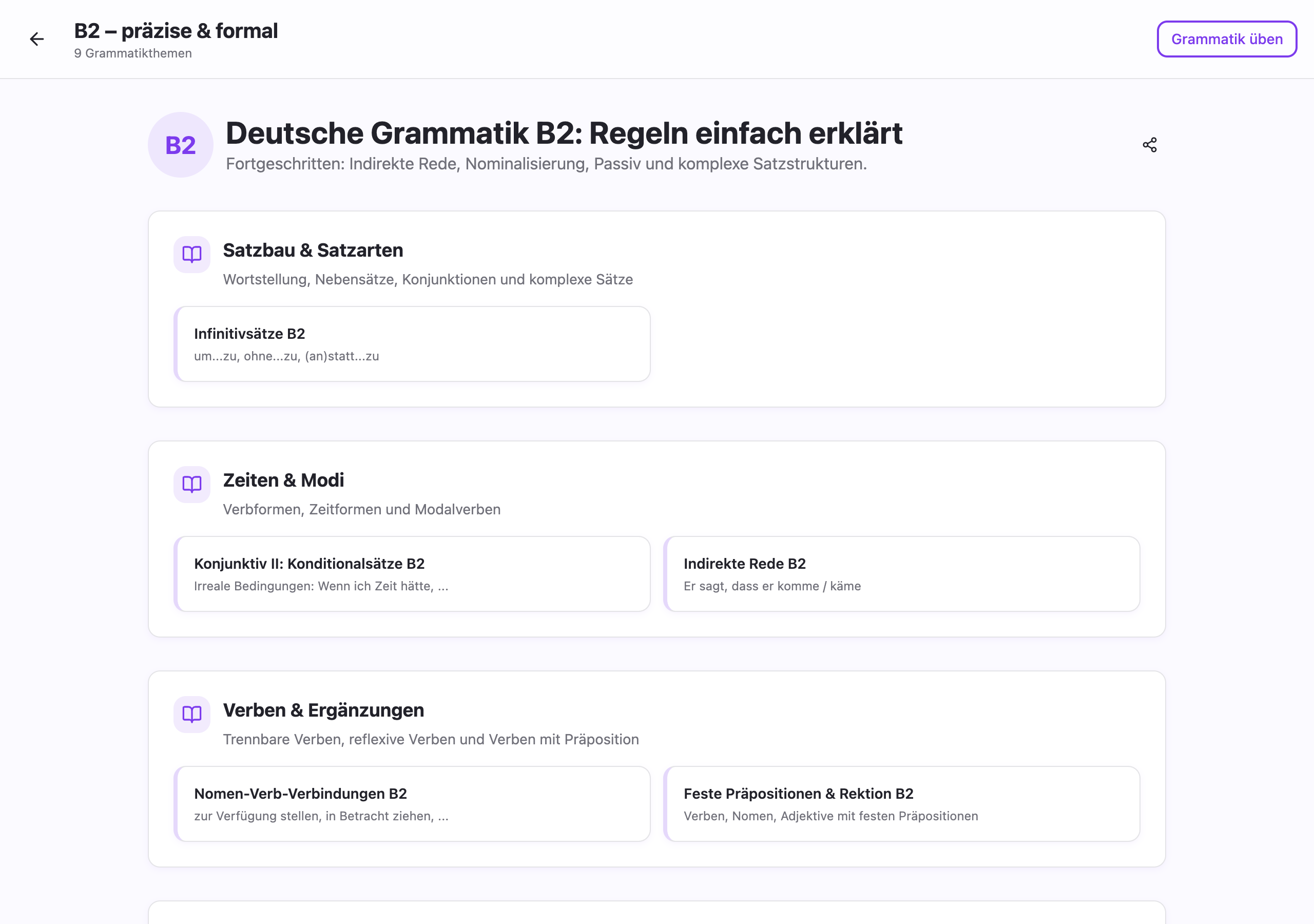 B2 grammar sections showing categories like Satzbau, Zeiten & Modi, and Verben & Ergänzungen with multiple topics each
