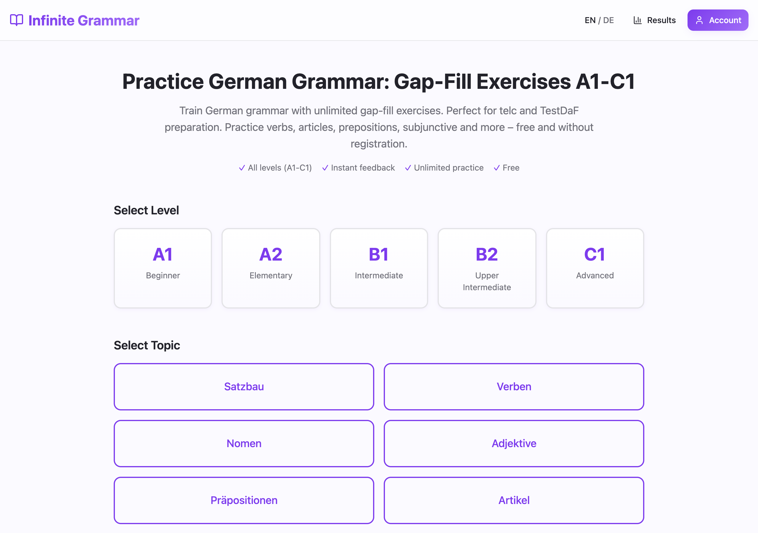 InfiniteGrammar level selection showing CEFR levels A1 through C1